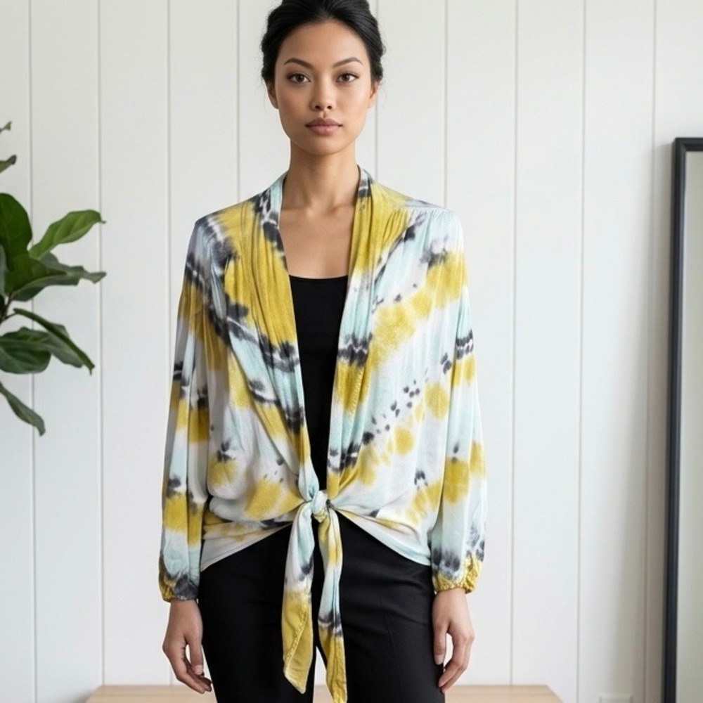 Young Fabulous & Broke Tie Dye Cardigan Yellow Grey Mint Rayon Tie Front Top L